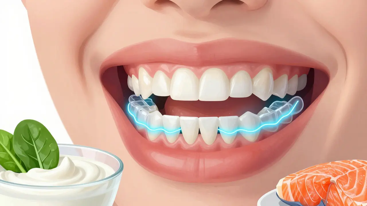 Křivé zuby s viditelným nánosem plaku, který je postupně vyrovnáván transparentní ortodontickou štěticí, vedle zdravé potravy.