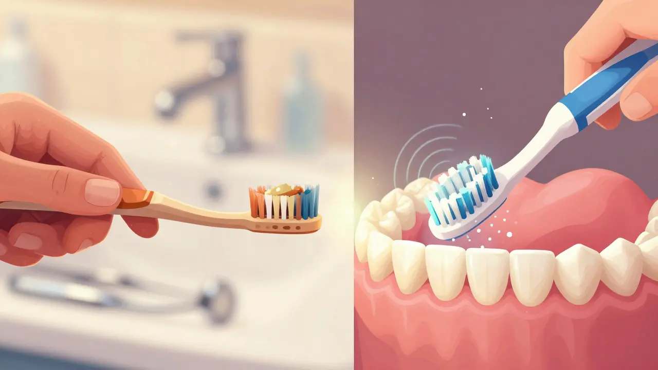Porovnání ručního a sonického kartáčku: plak vs. vibrující vlny odstraňující plak.