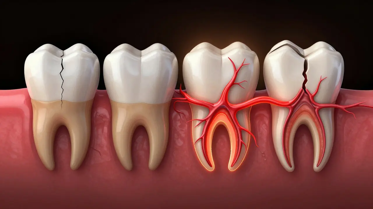 Postupné poškození zubu ve čtyřech fázích — od malé trhliny po infekci nervu.