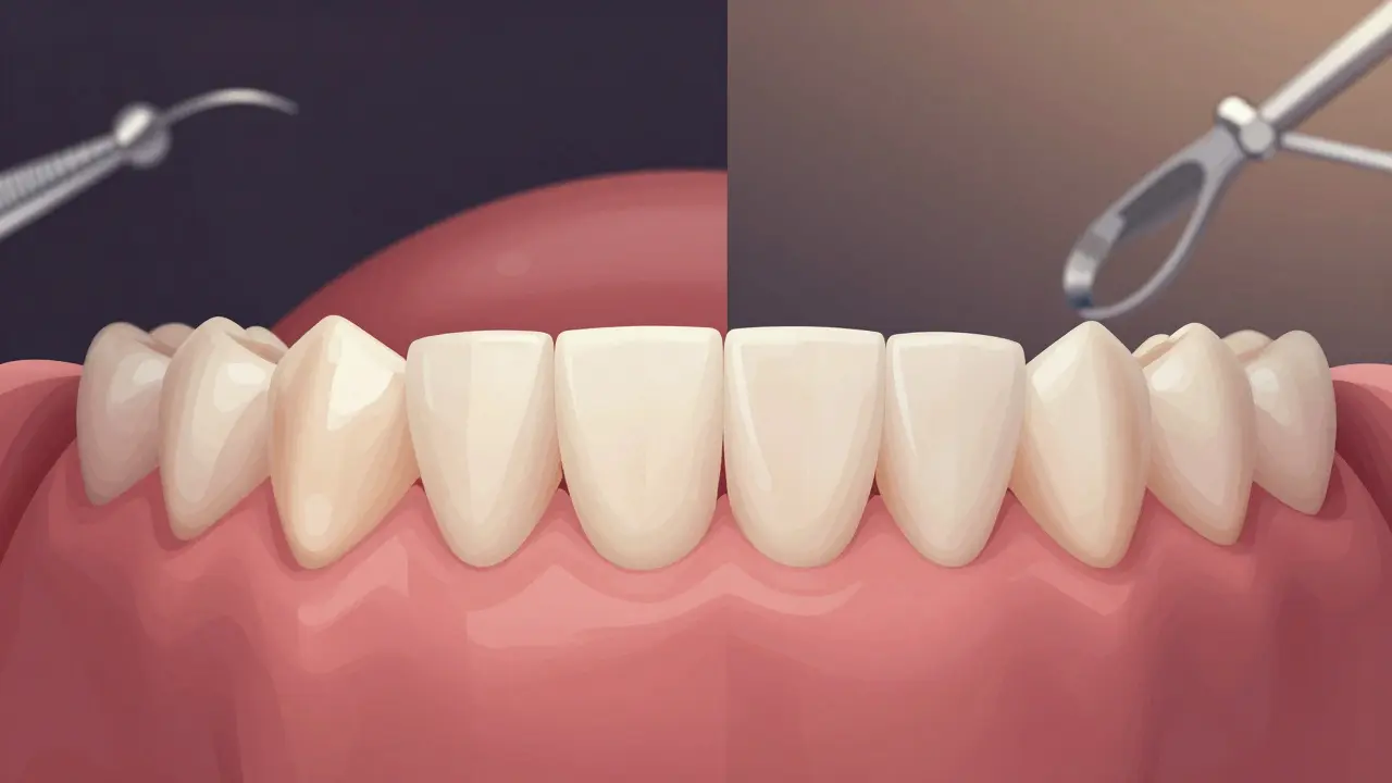 Před a po: mírně křivé zuby před a po aplikaci kompozitních vložek.