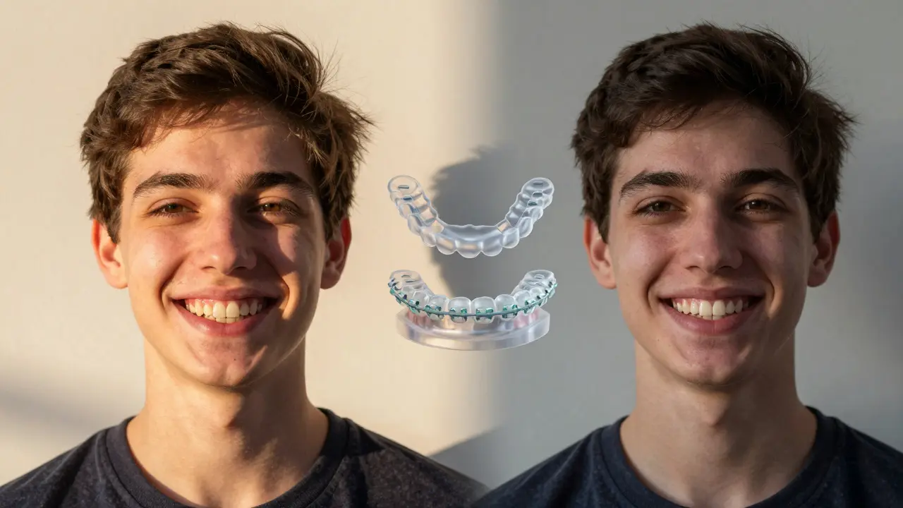 Před a po: nevyrovnaný úsměv napravo, vyrovnaný úsměv vlevo s ortodontickými pomůckami mezi nimi.