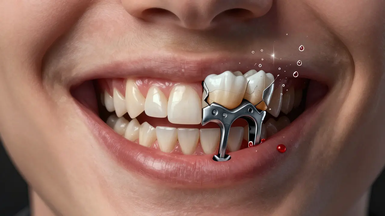 Rozdělený úsměv: zdravé zuby na jedné straně, poškozený můstek a kariés na druhé straně.