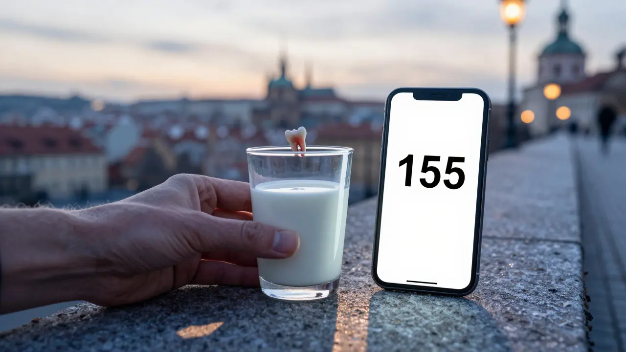 Spadlý zub v mléce vedle telefonu s číslem 155, Praha na pozadí.