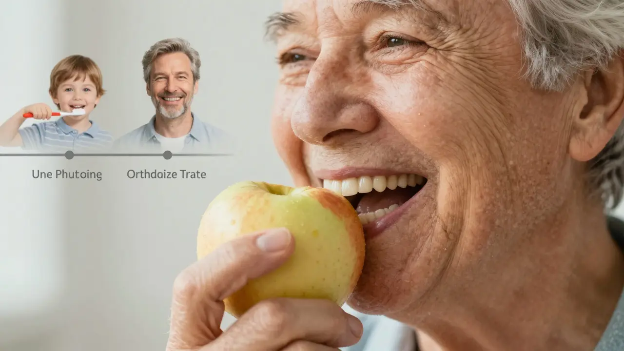 Starý muž se širokým úsměvem kousá do jablka, jeho zuby jsou silné a zdravé, symbolizující celoživotní péči o ústní hygienu.