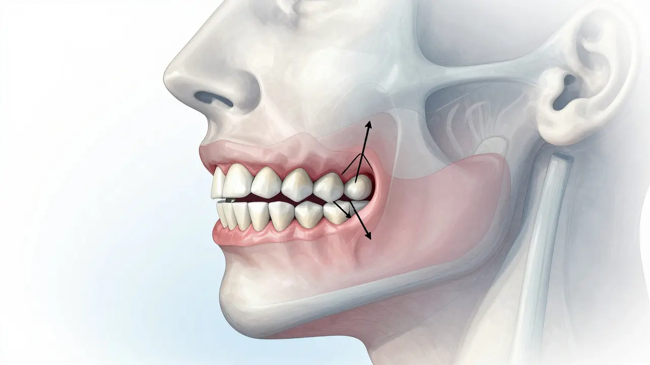 Struktura čelistí s ukázkou předkusu: horní zuby jsou za dolními, s vyznačenými body přetížení.