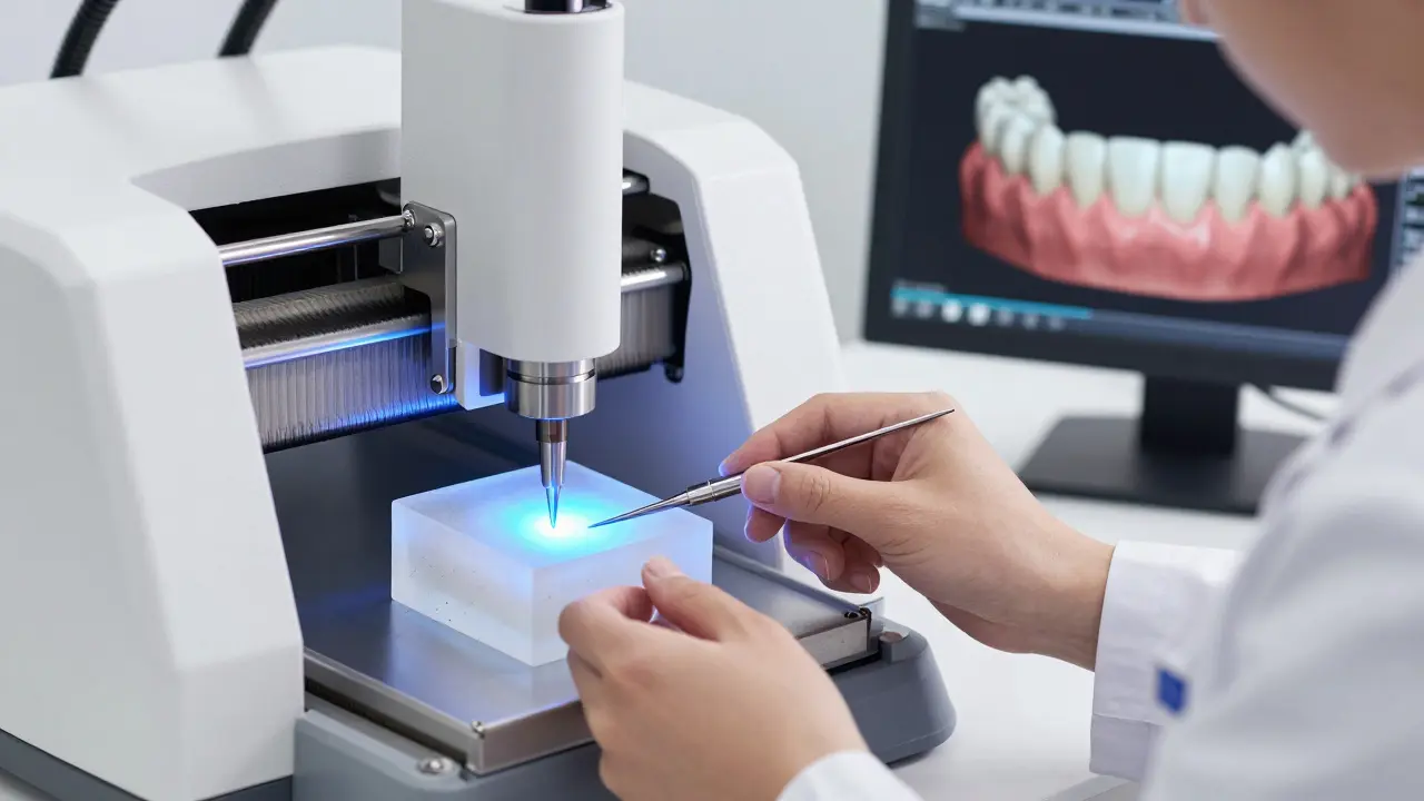 Technik v laboratoři obrábí keramickou fazetu pomocí CNC stroje s digitálním modelem zubů na pozadí.