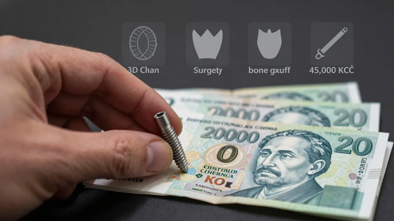 Titanium dental implant next to Czech banknotes, with hidden cost icons floating around it.