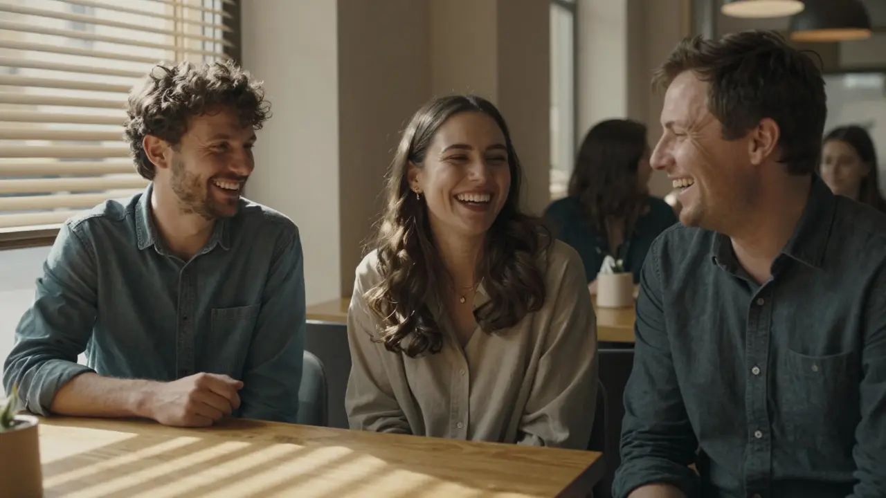 Tři lidé se smějí v kavárně, jejich přirozené výrazy odhalují důvěru a pohodu po estetických úpravách.