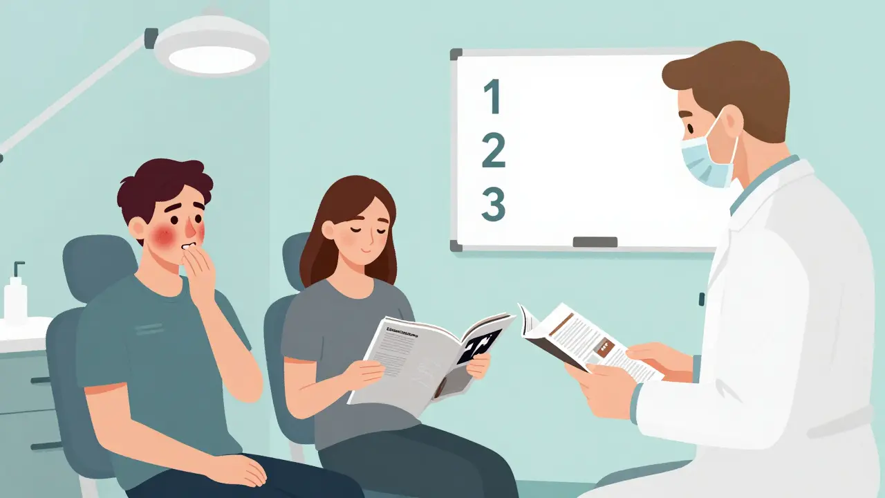 Tři pacienti v zubní pohotovosti podle priorit: vážný, střední a mírný případ.