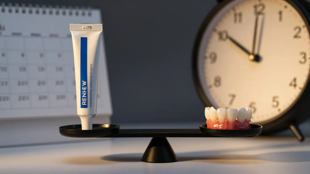 Váha ukazuje trvalou hodnotu celokeramických fazet proti opakovanému bělení zubů s kalendářem a hodinami.