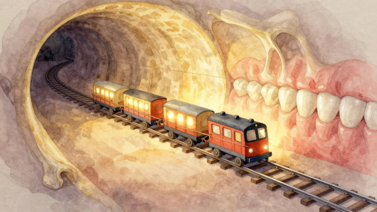 Vodová kresba znázorňující gumičky jako motory, které táhnou zuby do správné pozice.