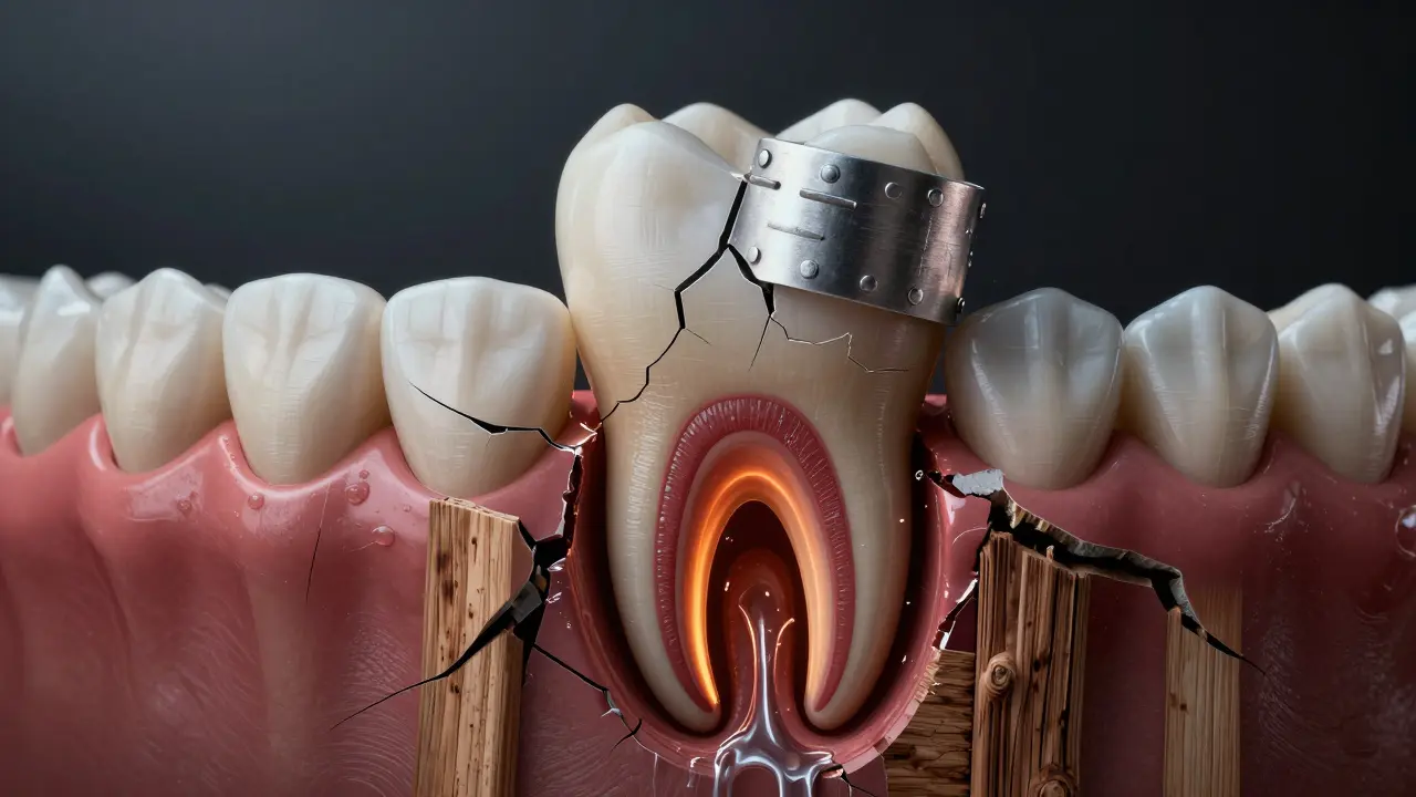 Zub jako zničený dům s trhlinami, do kterých vstupuje voda, zatímco kryt chrání strukturu.