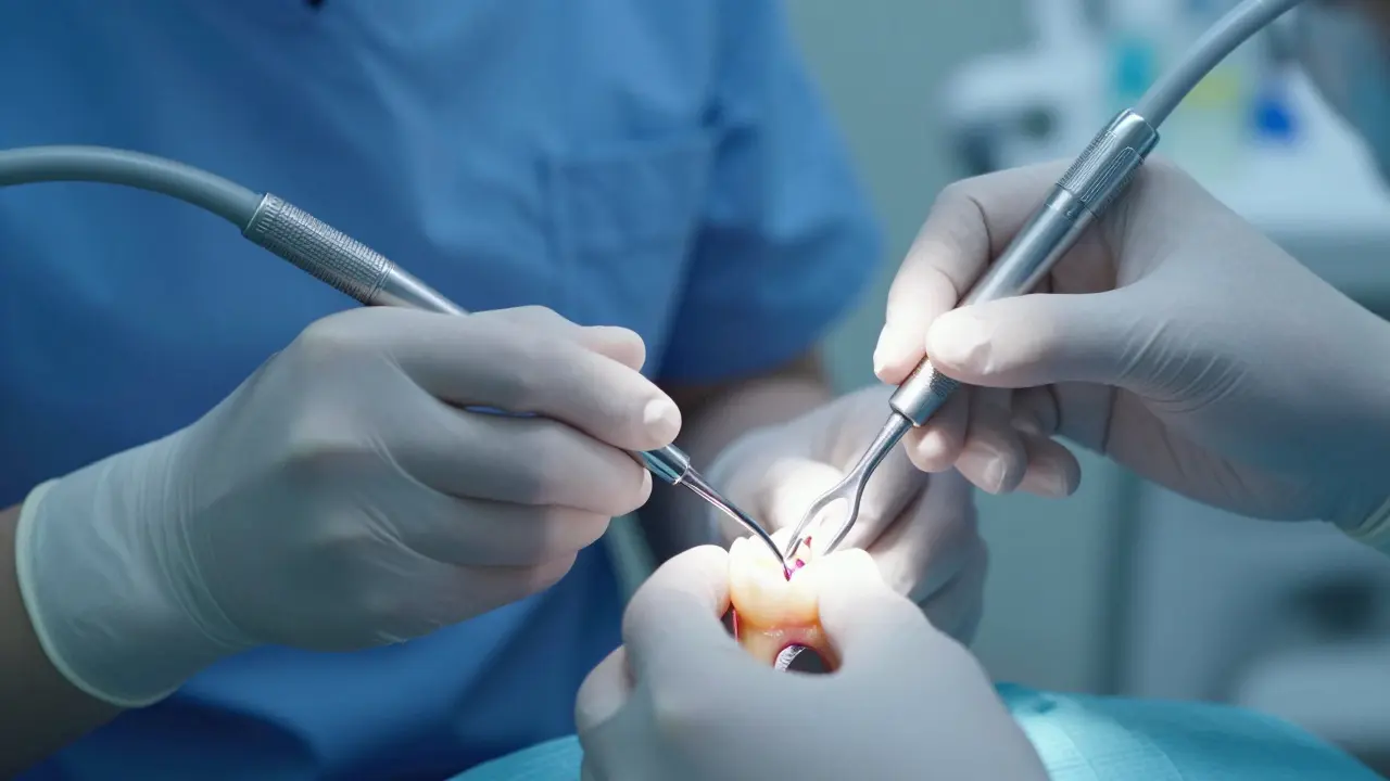 Zubní lékař provádějící kyretáž s odstraňováním zubního kamene