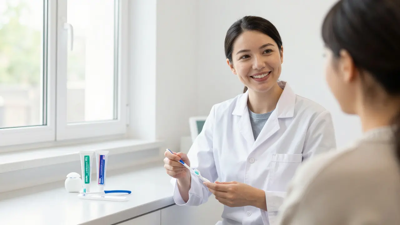 Zubní lékař v klinice vysvětluje pacientovi důležitost pravidelné hygieny zubů s kartáčkem a nití.