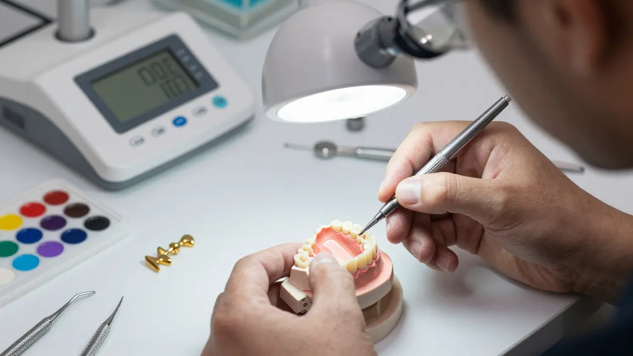 Zubní technik vyrábí keramický zubní most na modelu čelisti pod lůžkovou lampou.