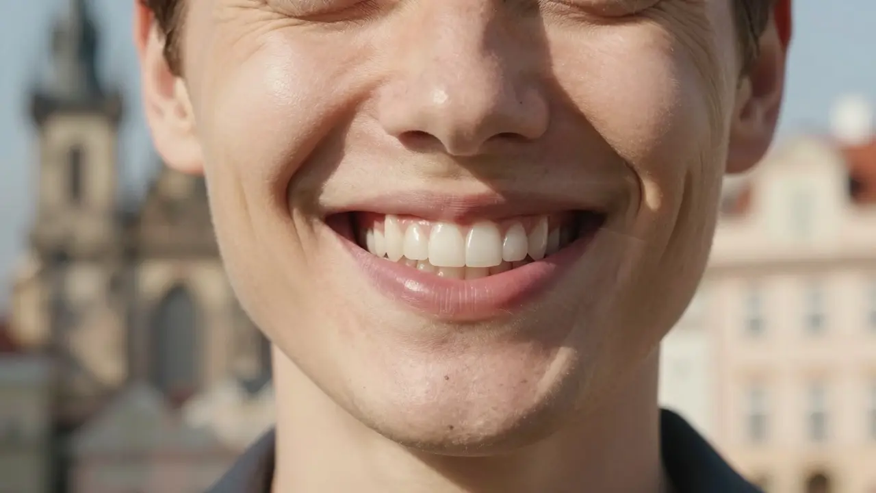 Adult smiling with perfect smile, subtly hinting at underlying crooked teeth corrected by veneers.