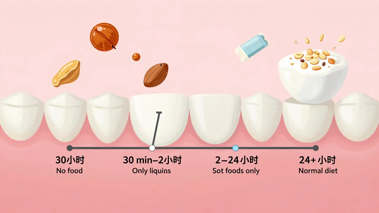 Časová osa ukazující, co lze jíst po vložení bílé plomby v prvních 24 hodinách.
