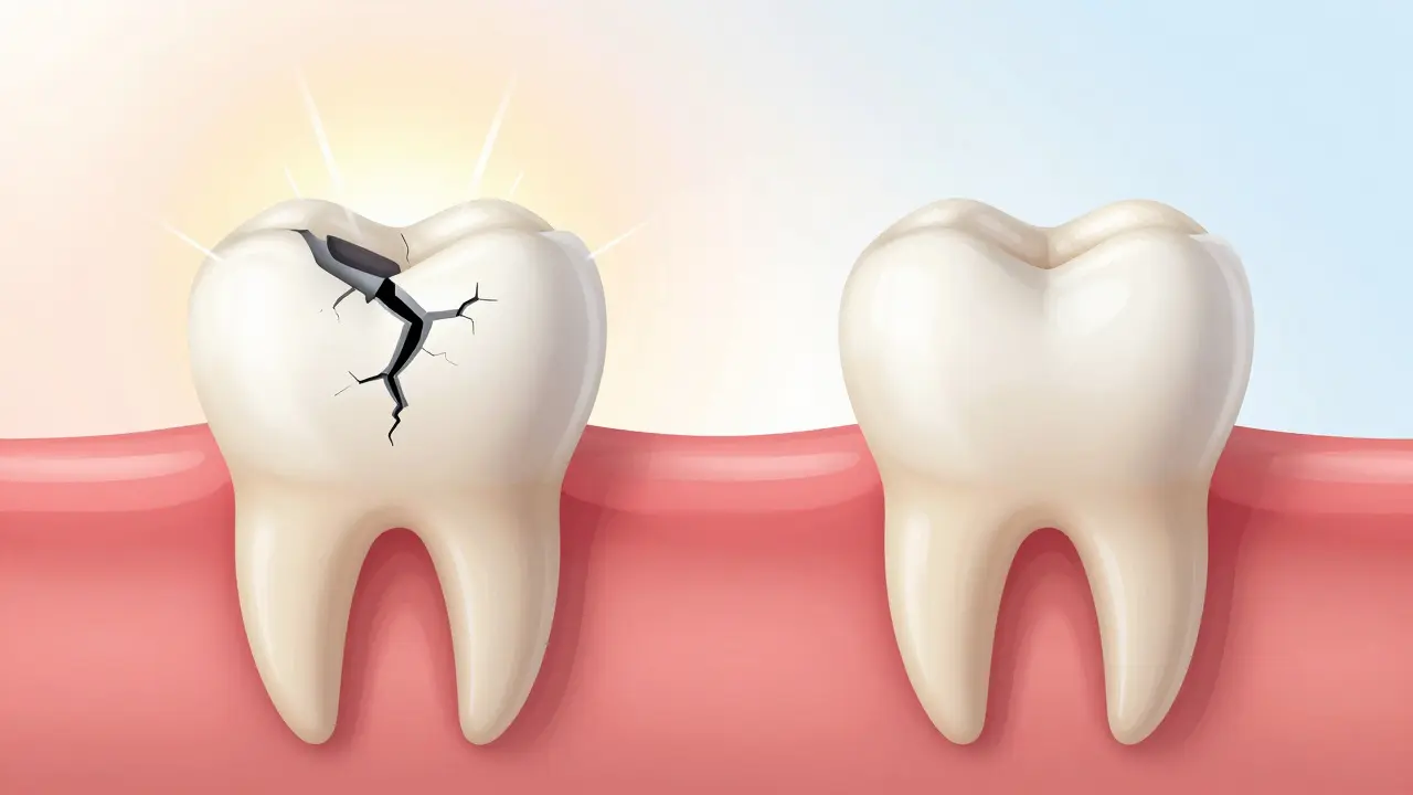 Cross-section comparison of a tooth with old amalgam filling versus modern composite filling, showing structural integrity.