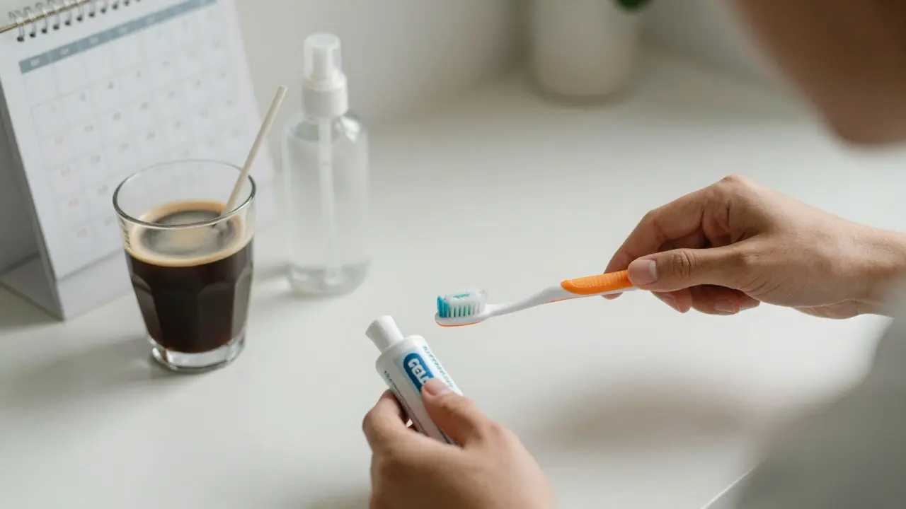 Denní rutina ústní hygieny s jemným kartáčkem, slámkou a návštěvou zubaře.