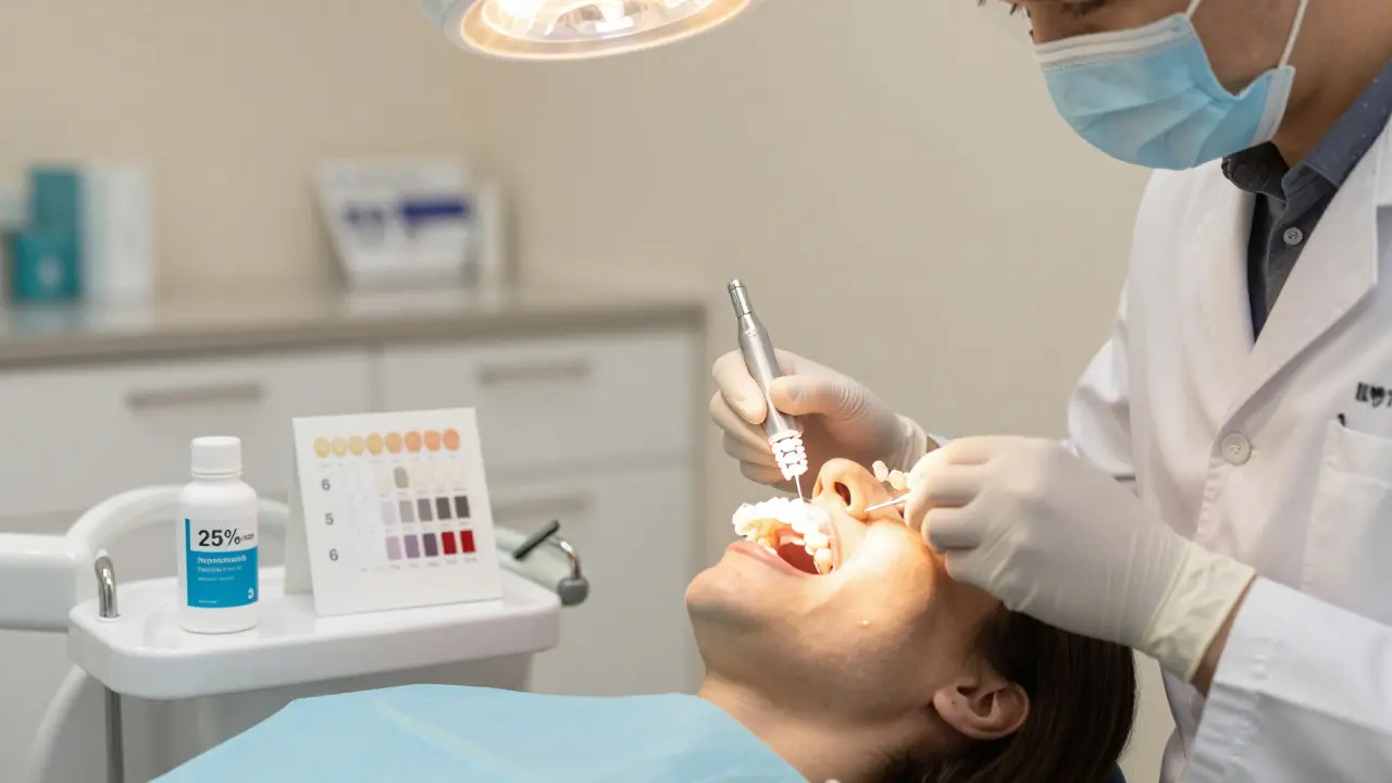 Dentista vkládá individuální bílící formy do úst pacienta při profesionálním odběru.