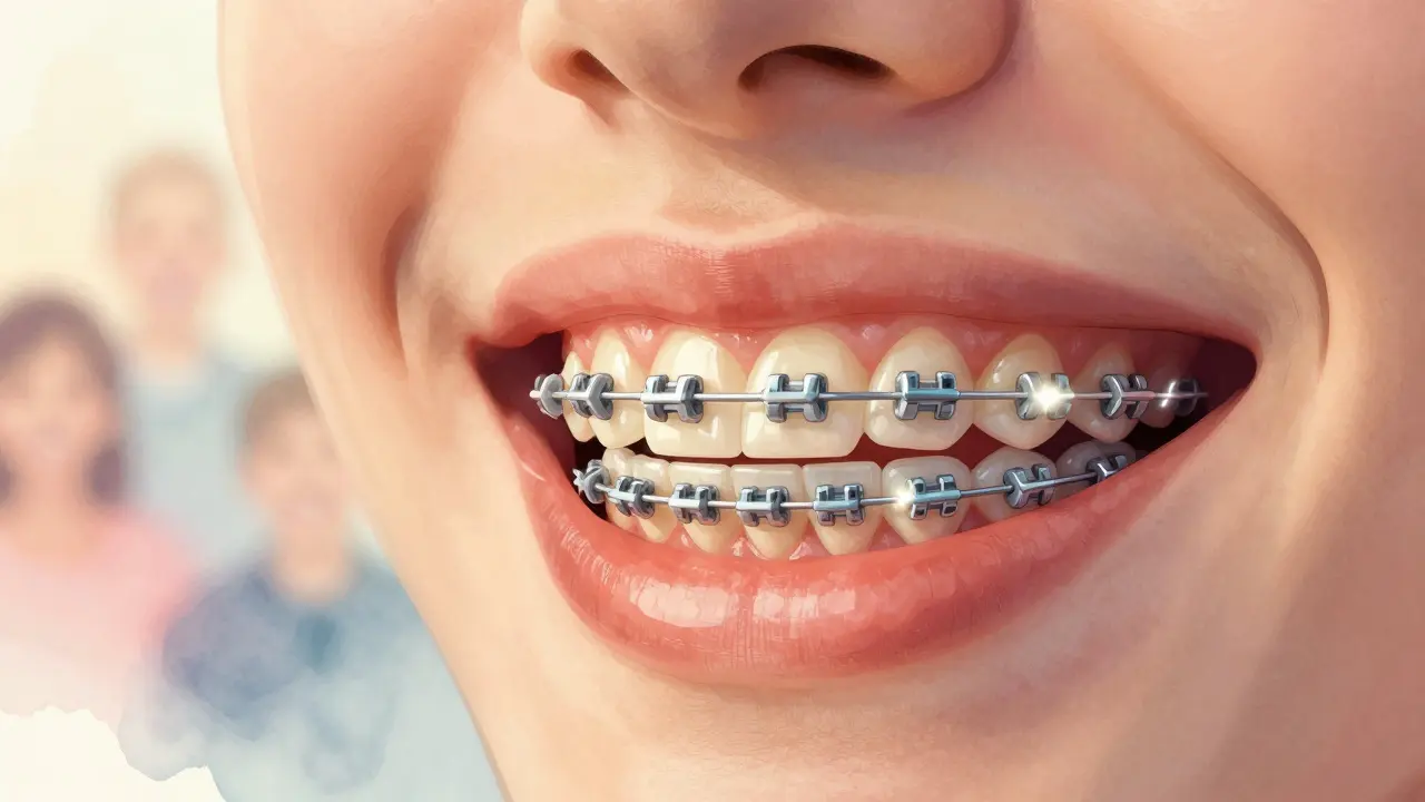 Detailní pohled na ústa s novými rovnátky, drát spojující placky, symbolické vlny tlaku.