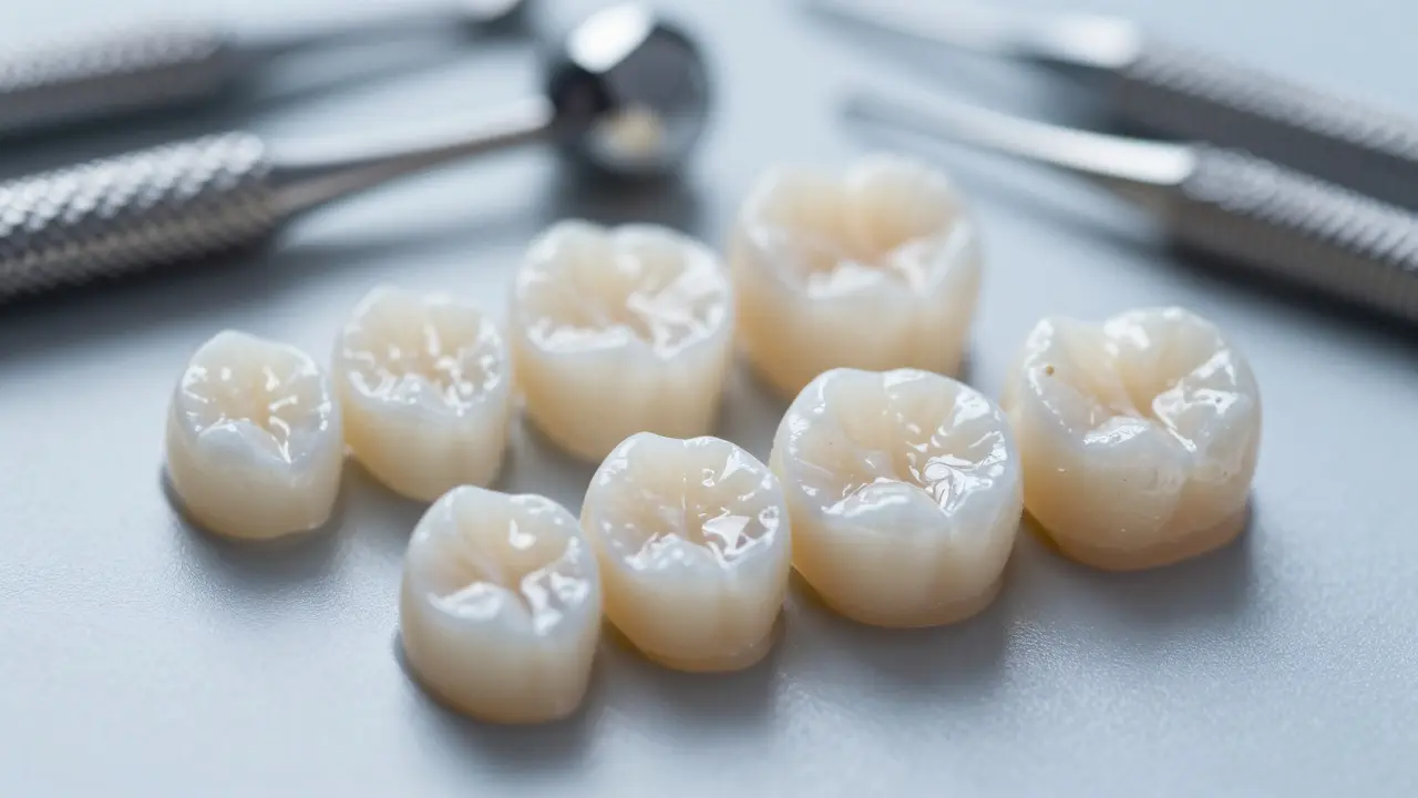 Detailní záběr na keramické zubní fazety různých odstínů.