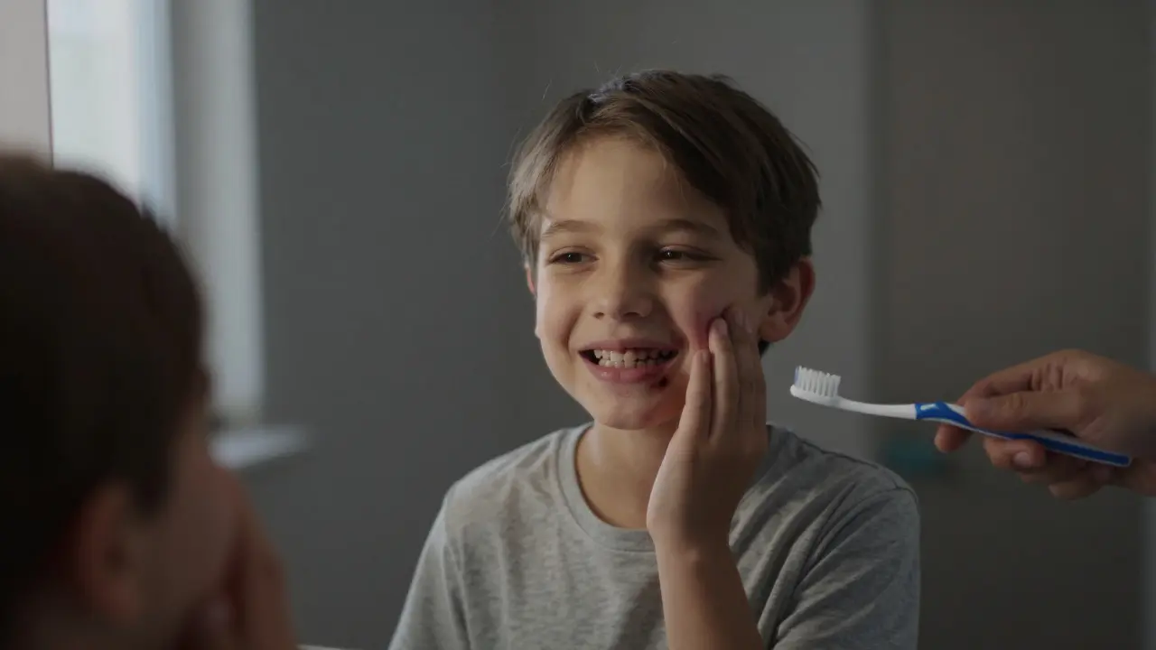 Dítě se zavřeným úsměvem, s viditelným zubním kamenem a odtékajícími dásněmi v zrcadle.