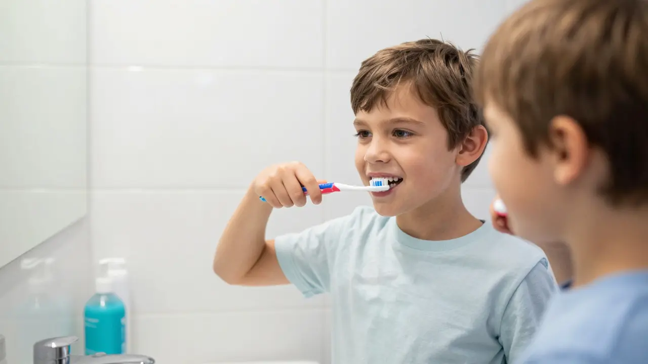 Dítě si čistí zdravé trvalé zuby v koupelně ráno.