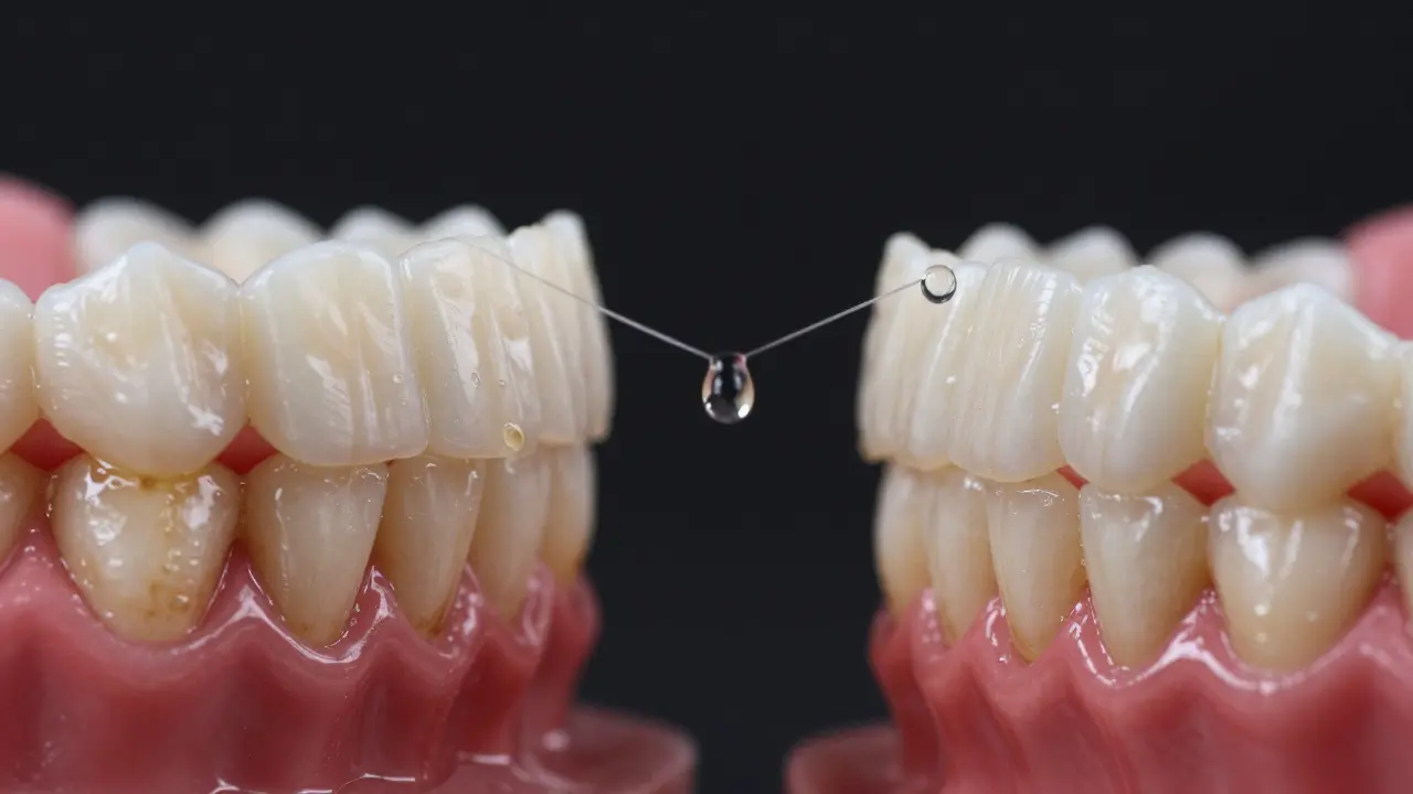 Dva soubory zubů: jeden s lehkými skvrnami, druhý s přirozeným leskem, spojené kapkami oleje z hřebíčku.