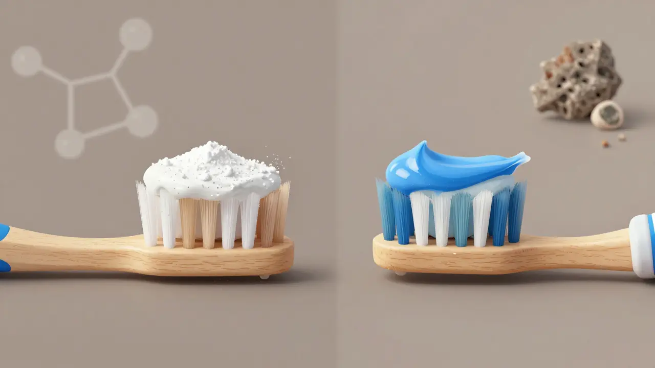 Dva zubní kartáčky ukazují rozdíl mezi přírodním a chemickým bělením.