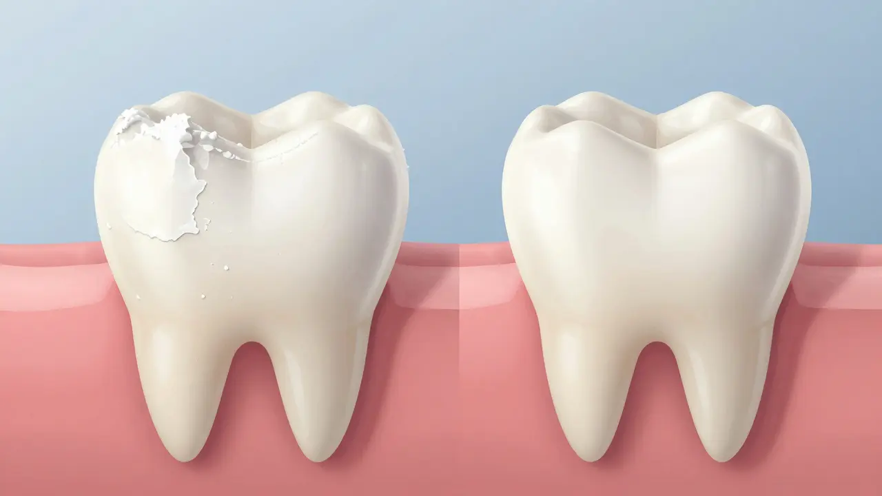 Dvě strany zubu: poškozená sklovina vs. obnovená po léčbě.