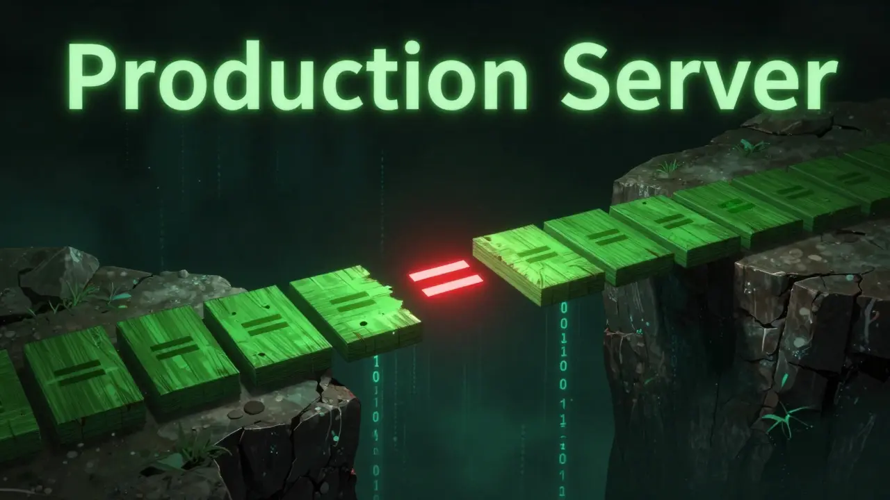 Fragilní most z textových znaků, kde jedno rovnítko je poškozené a září červeně.