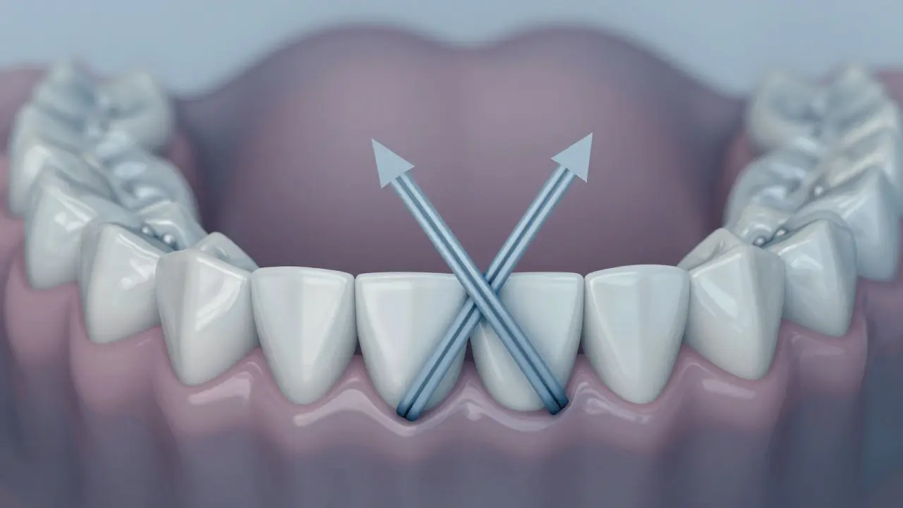 Křížové a V-tvarové gumičky působí na zuby silou, která je posouvá do správné polohy.
