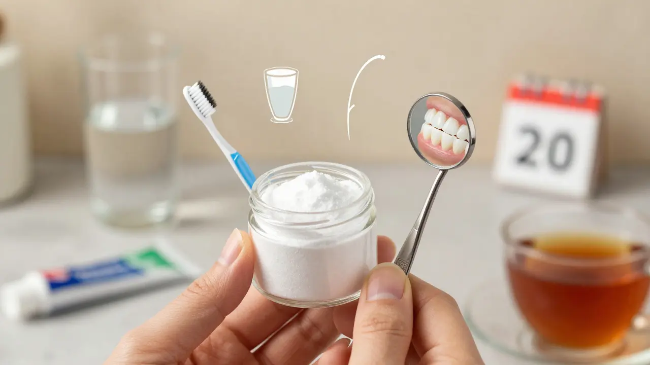 Nádoba s jedlou sodou vedle zrcátka a symbolů ústní hygieny.