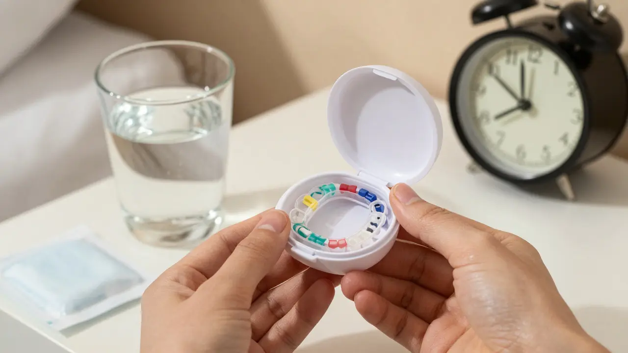 Otevřená krabička na gumičky s různými barvami a silami na nočním stole.