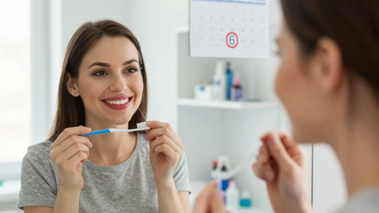 Pacientka po vyleštění zubů se směje a drží zubní kartáček.