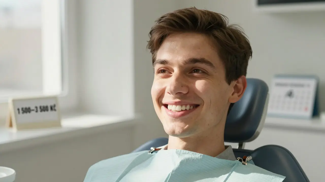 Patient smiling with natural-looking white fillings in front teeth, bathed in soft morning light in a dental clinic.