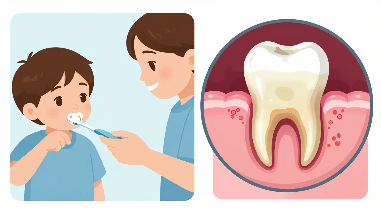 Porovnání čištění zubů a vývoje zubního kamene v zubní sklovince s bakteriemi a zánětem.