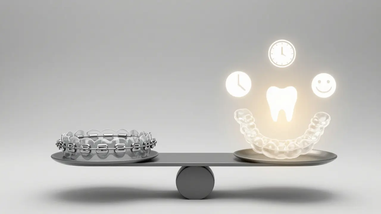 Porovnání klasických a neviditelných rovnátek symbolicky na váhách zdraví a estetiky.