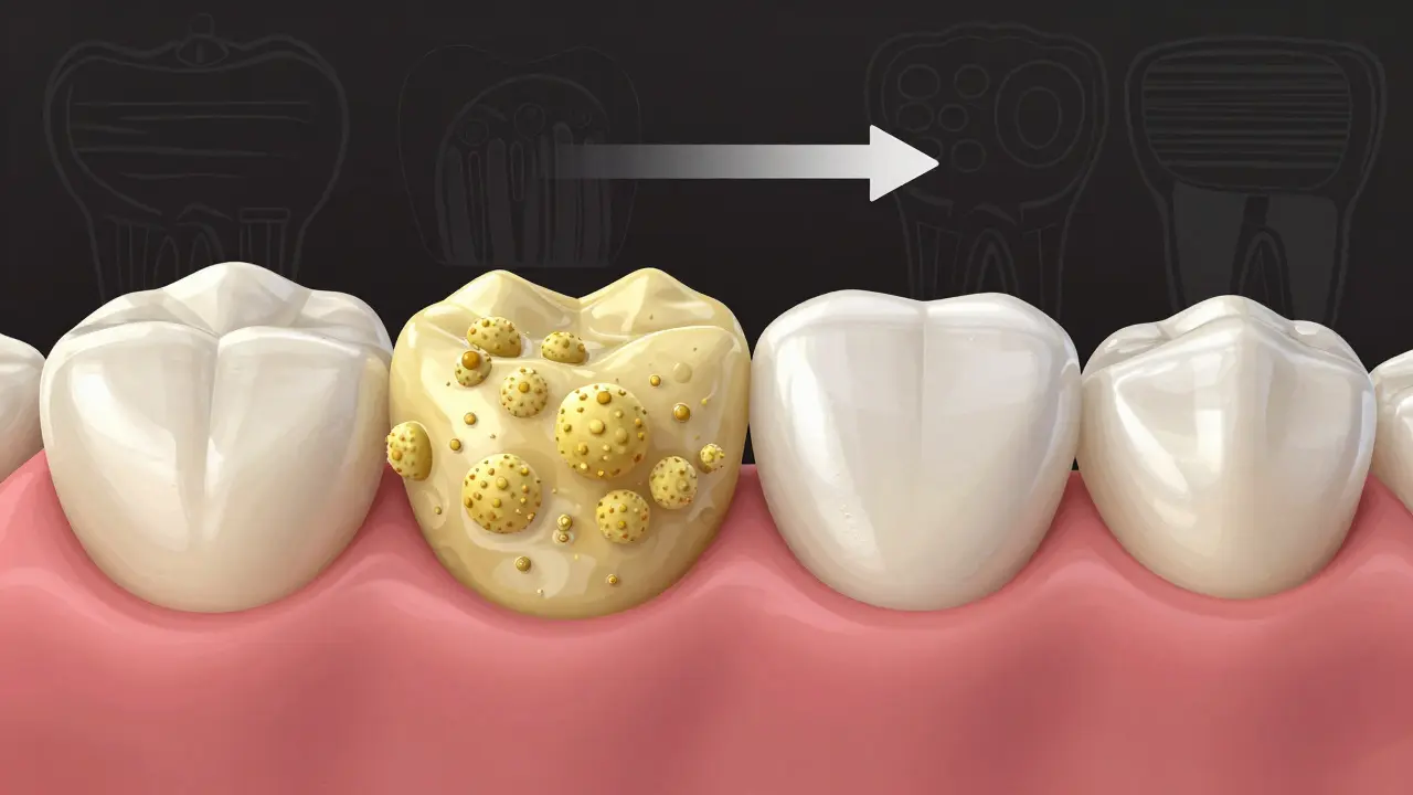 Porovnání zubů s kamenem a po profesionálním vyčištění.