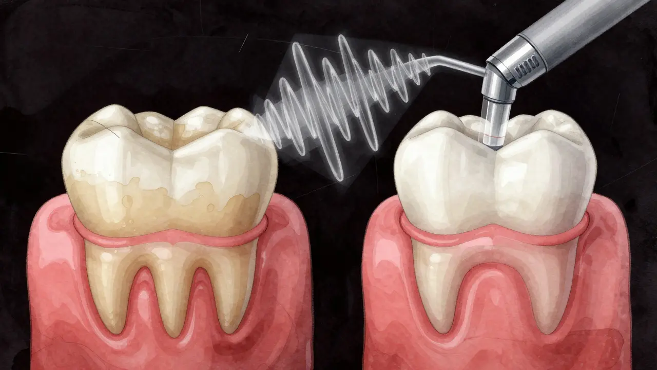 Porovnání zubu s plakem a kameny a zdravého zubu po ultrazvukovém čištění.