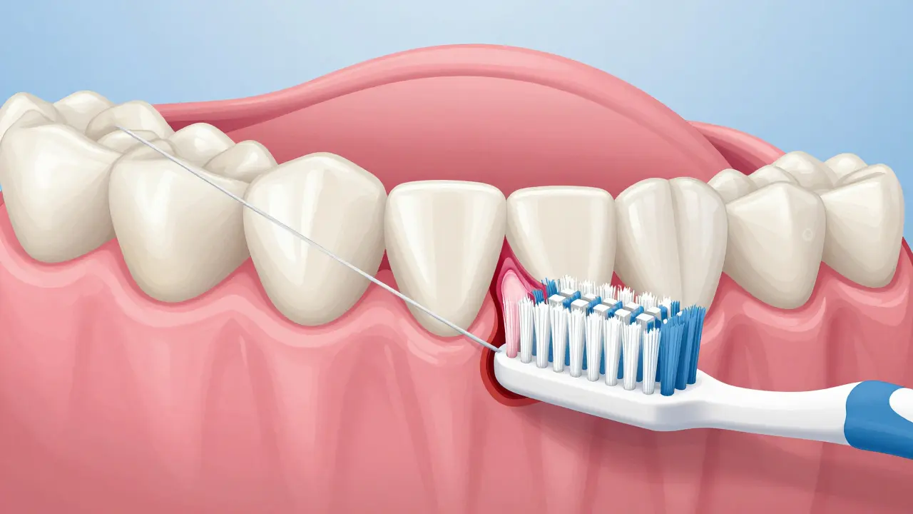 Přehledný náčrt zubů a dásní s jemnými vlasicemi Curaprox, které massírují dásně, naopak tvrdé vlasice běžného kartáčku poškozují tkáně.