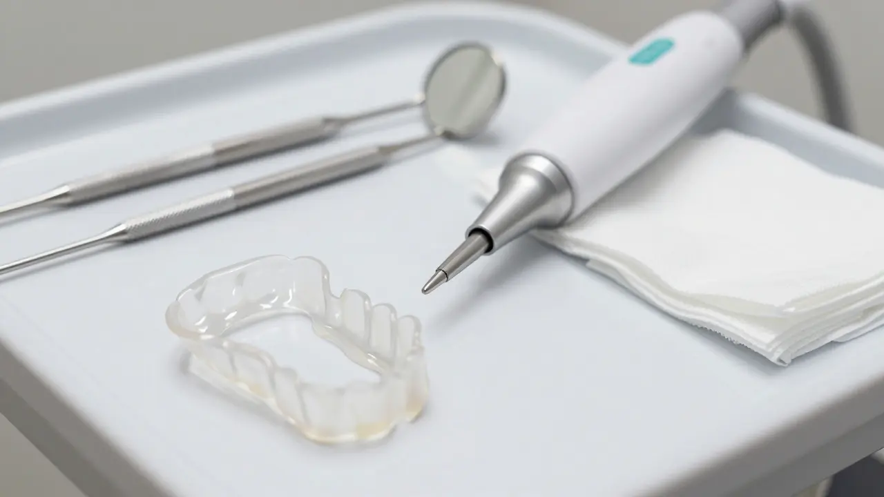 Profesionální nástroje na bělení zubů na klinickém stole.
