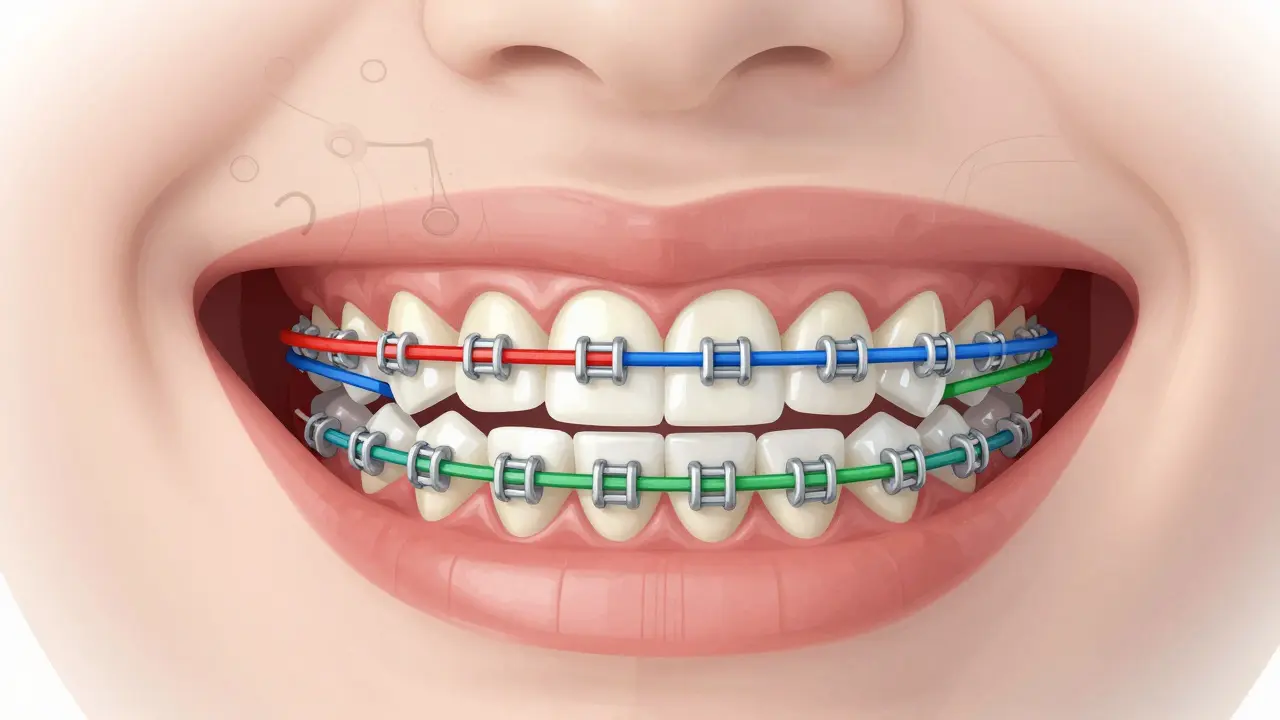Průhledný model čelisti s barvou gumiček ukazující směry působení na zuby.