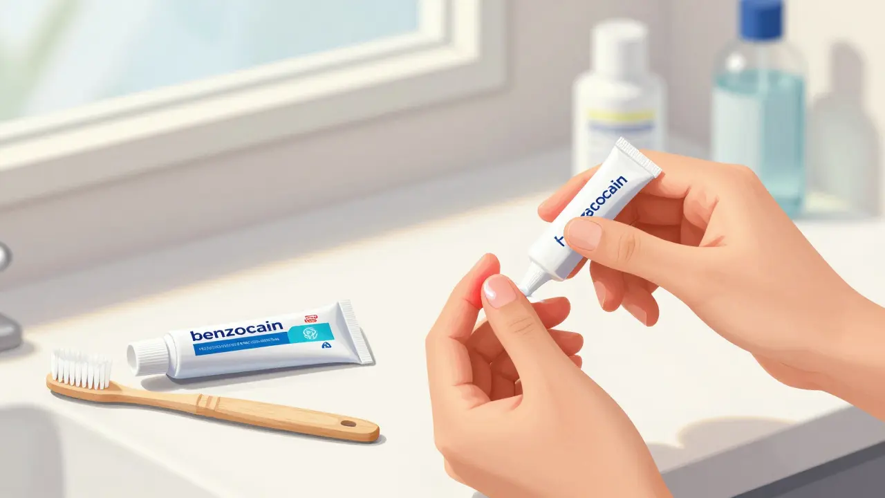 Ruka aplikuje gel na dáseně, vedle jsou zubní kartáček a fluoridový gel.