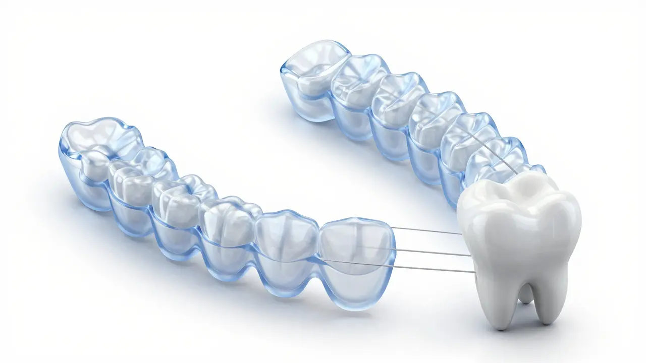 Séria průhledných rovnátek uspořádaných podle postupu léčby s detaily materiálu.