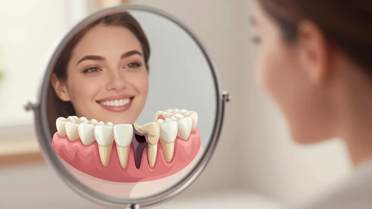 Smiling person with transparent overlay showing healthy teeth under veneers versus decay beneath neglected ones.