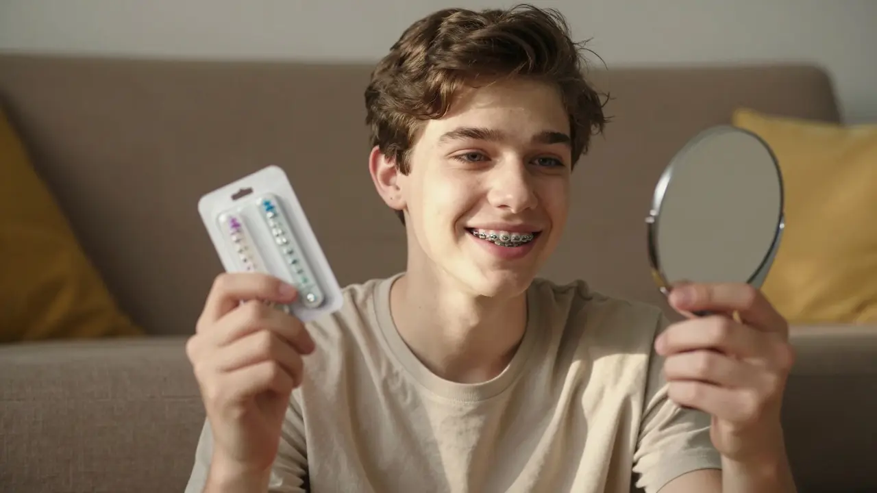 Teenager se usmívá s viditelnými barvivými gumičkami na rovnátkách.