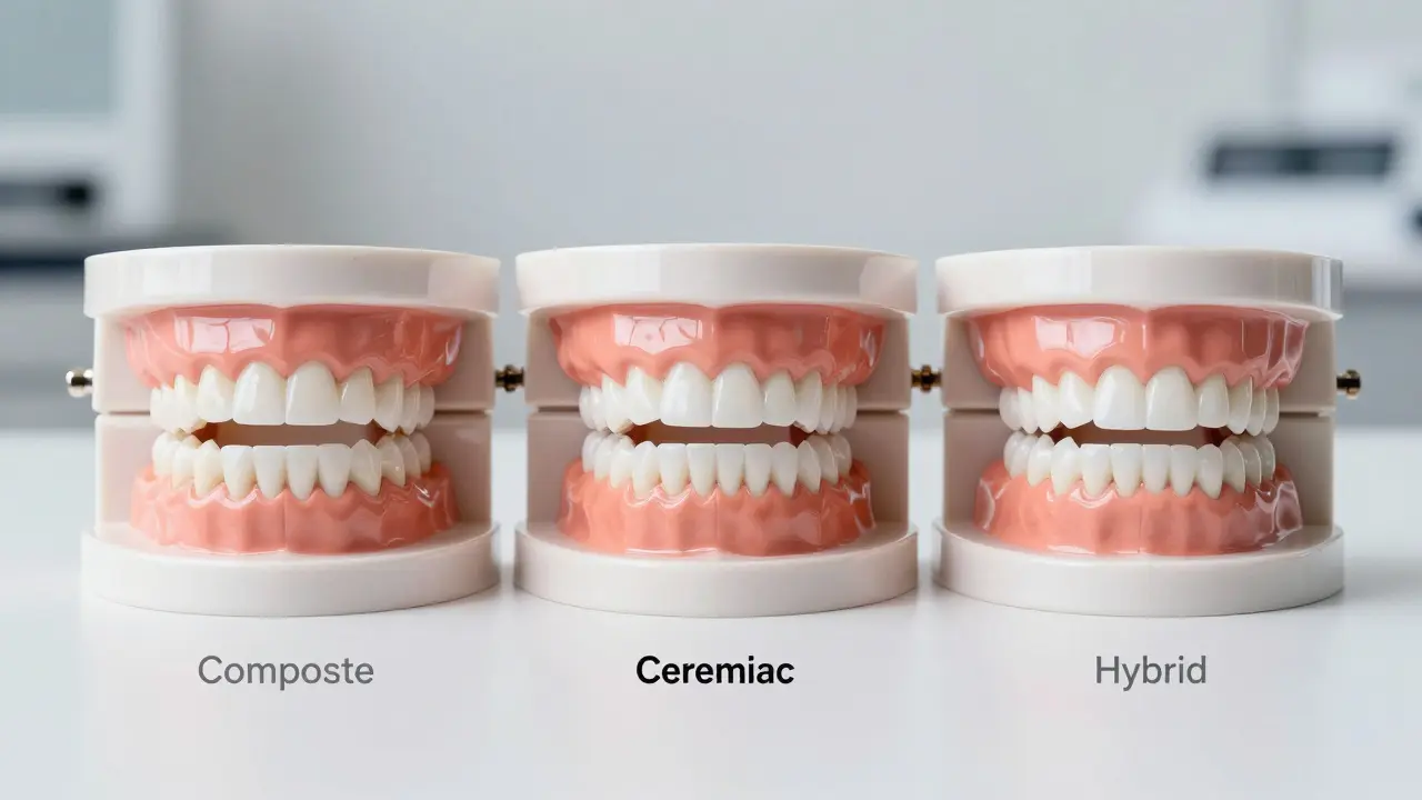 Three types of dental veneers—composite, ceramic, and hybrid—displayed side by side on a dental model.