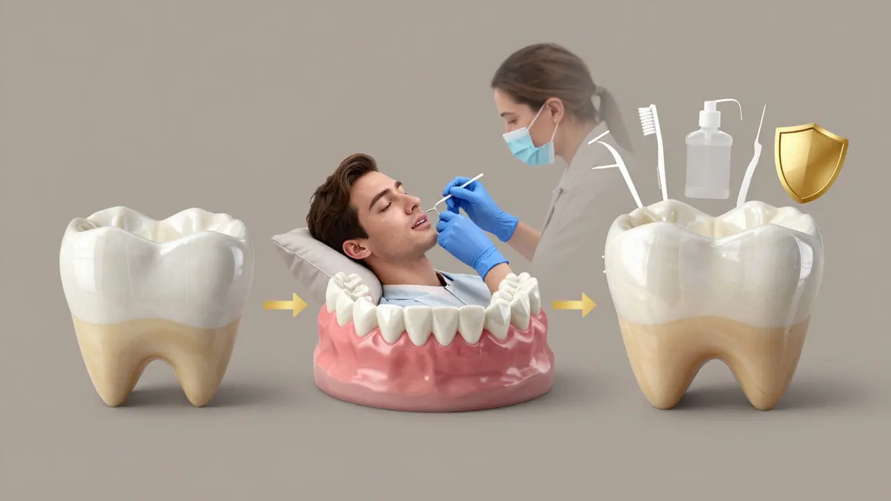 Timeline showing a ceramic veneer lasting 20 years with protective habits like night guard and dental checkups.